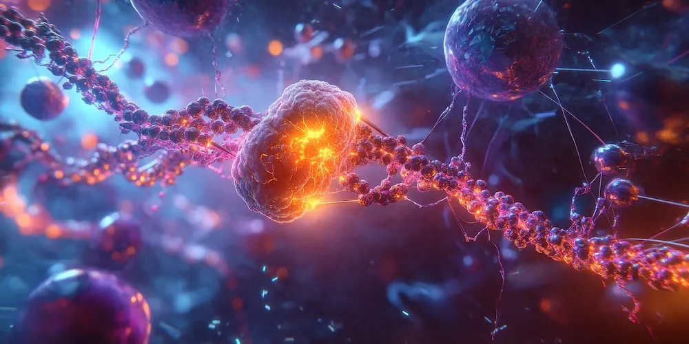 Futuristische 3D-Darstellung einer DNA-Doppelhelix mit einem leuchtenden, orangefarbenen Bereich, der eine stille Entzündung symbolisiert, umgeben von abstrakten, bläulich-violetten Strukturen im Hintergrund.