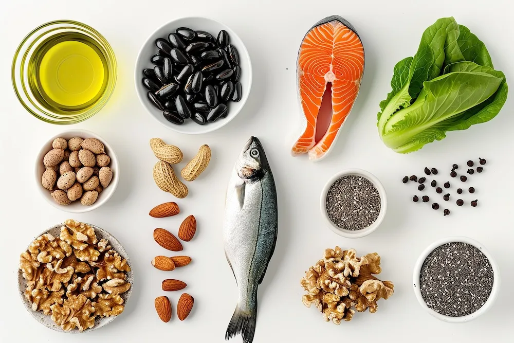 Verschiedene Omega-3-reiche und Omega-6-reiche Lebensmittel auf weißem Hintergrund, darunter Lachs, ganzer Fisch, Walnüsse, Mandeln, Erdnüsse, schwarze Bohnen, Chiasamen, grünes Blattgemüse und ein Glas Olivenöl.