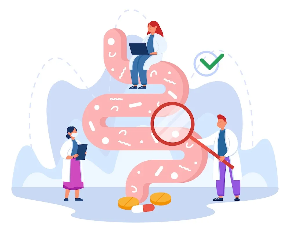 Illustration von Ärzt:innen bei der Untersuchung des Darms mit Lupe, Laptop und Tabletten – symbolisch für Mikrobiomanalyse und Darmgesundheit