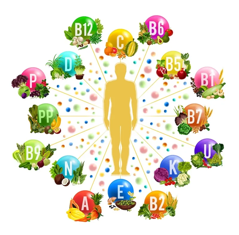 Darstellung von Vitaminen und ihren natürlichen Quellen – schematische Übersicht zur Bedeutung von Mikronährstoffen für den menschlichen Körper