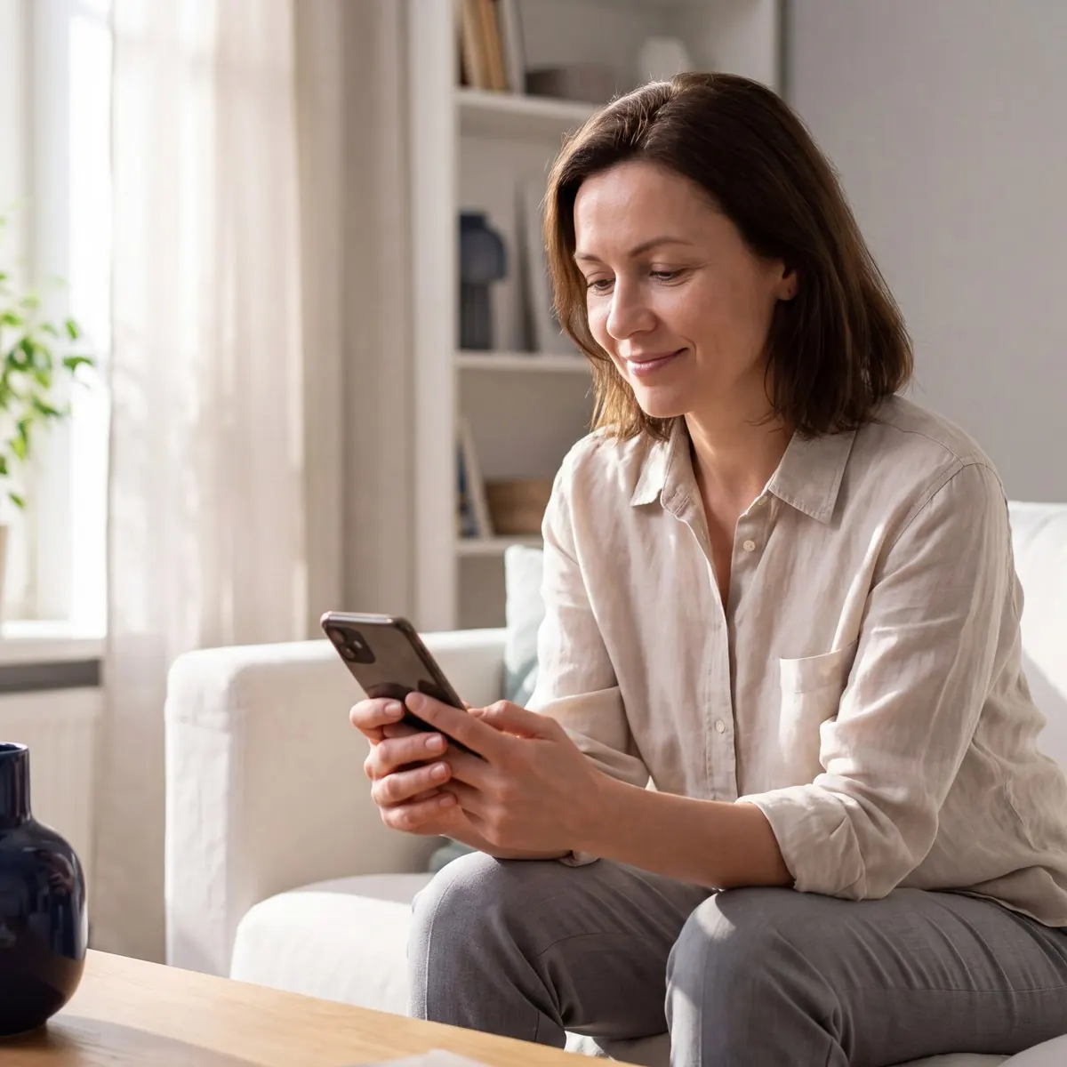 Frau sitzt entspannt auf dem Sofa und schaut lächelnd auf ihr Smartphone
