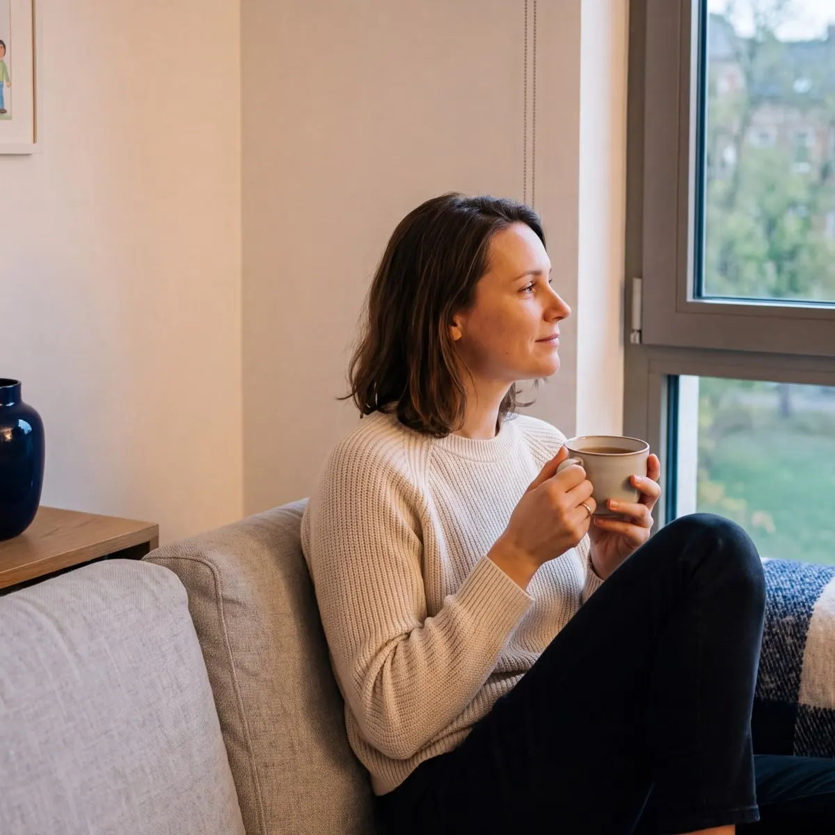 Frau mit Kaffeetasse sitzt am Fenster, an der Wand hängen Kinderbilder