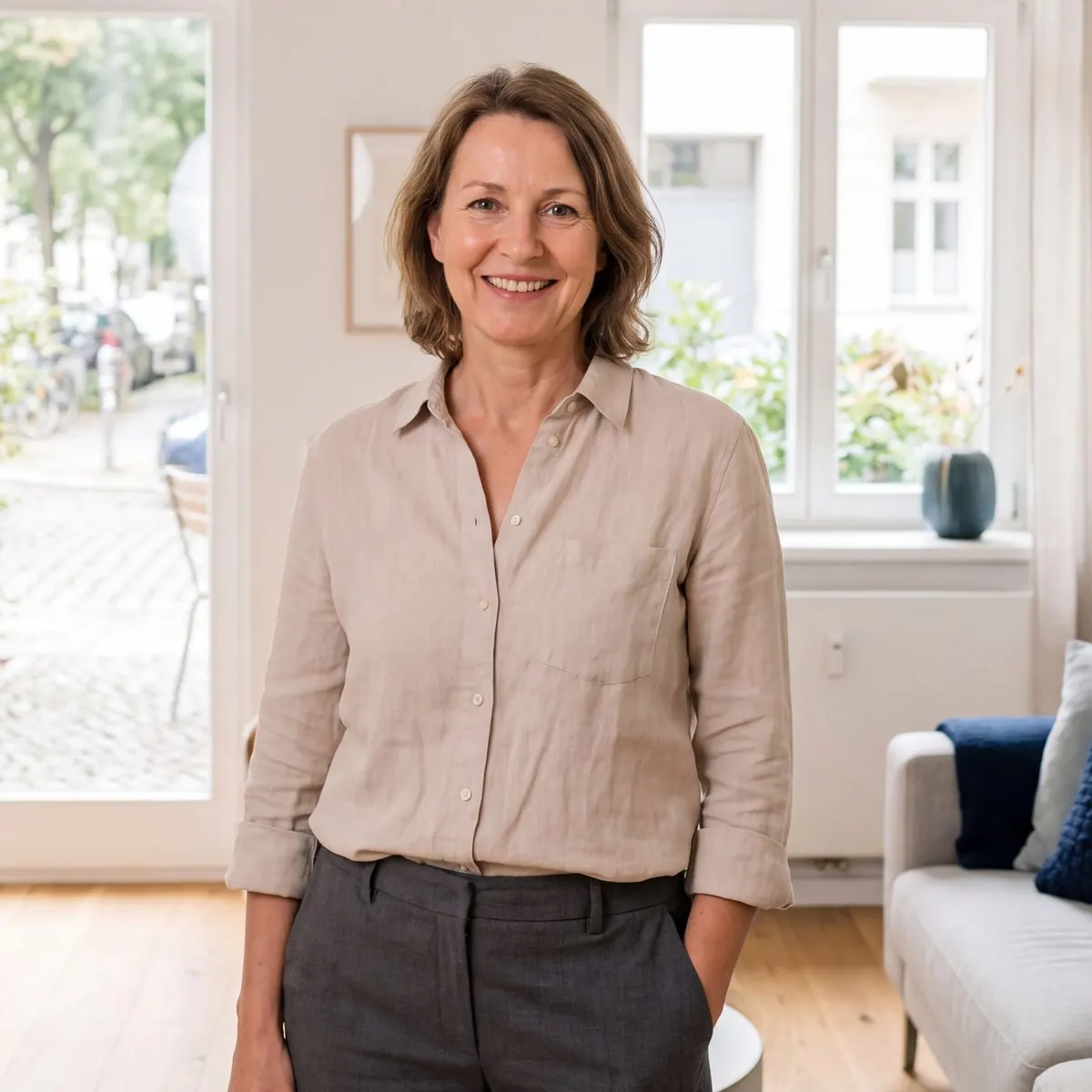 Frau Anfang fünfzig steht lächelnd in einer hellen Wohnung