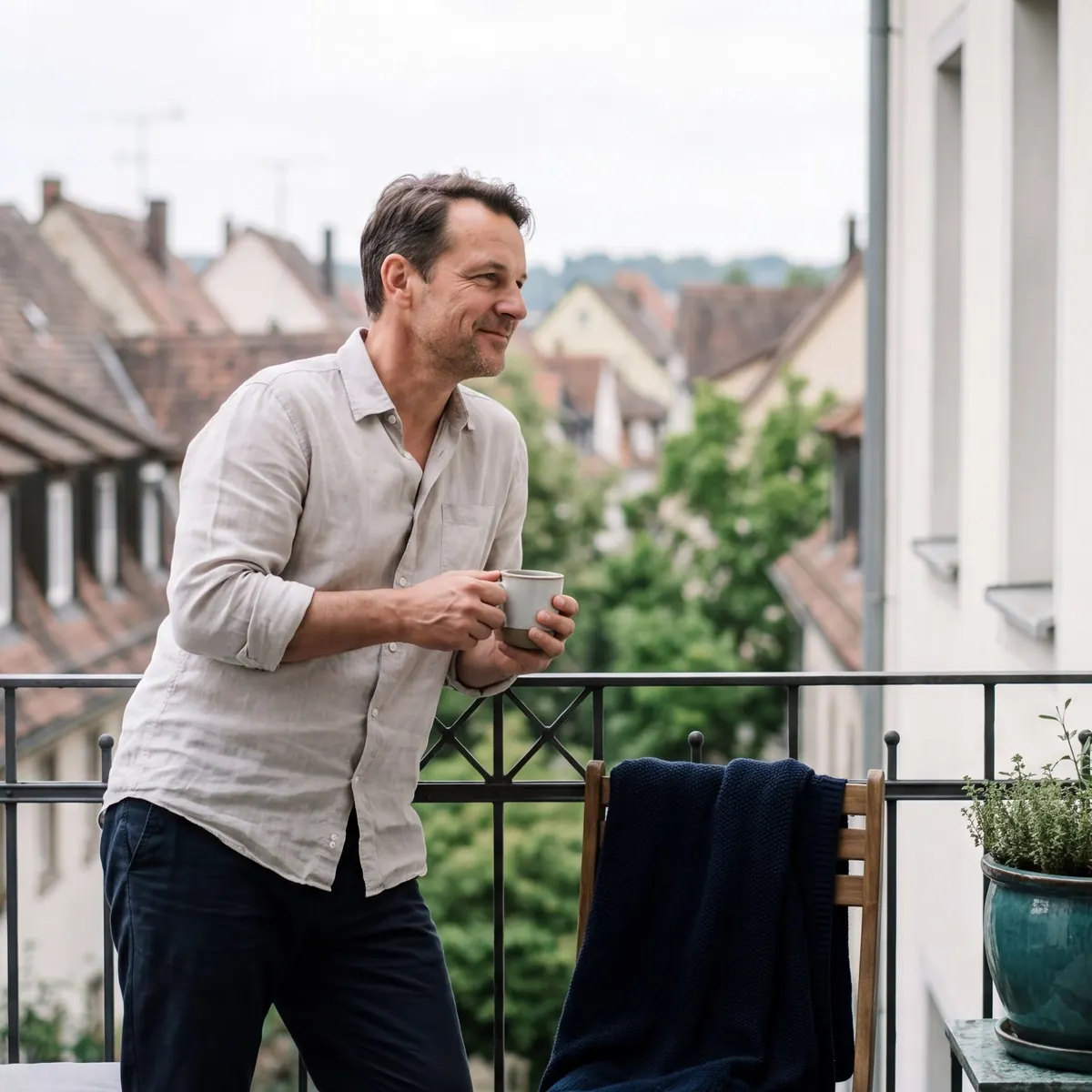 Mann Mitte vierzig steht mit Kaffee auf dem Balkon über den Dächern der Stadt