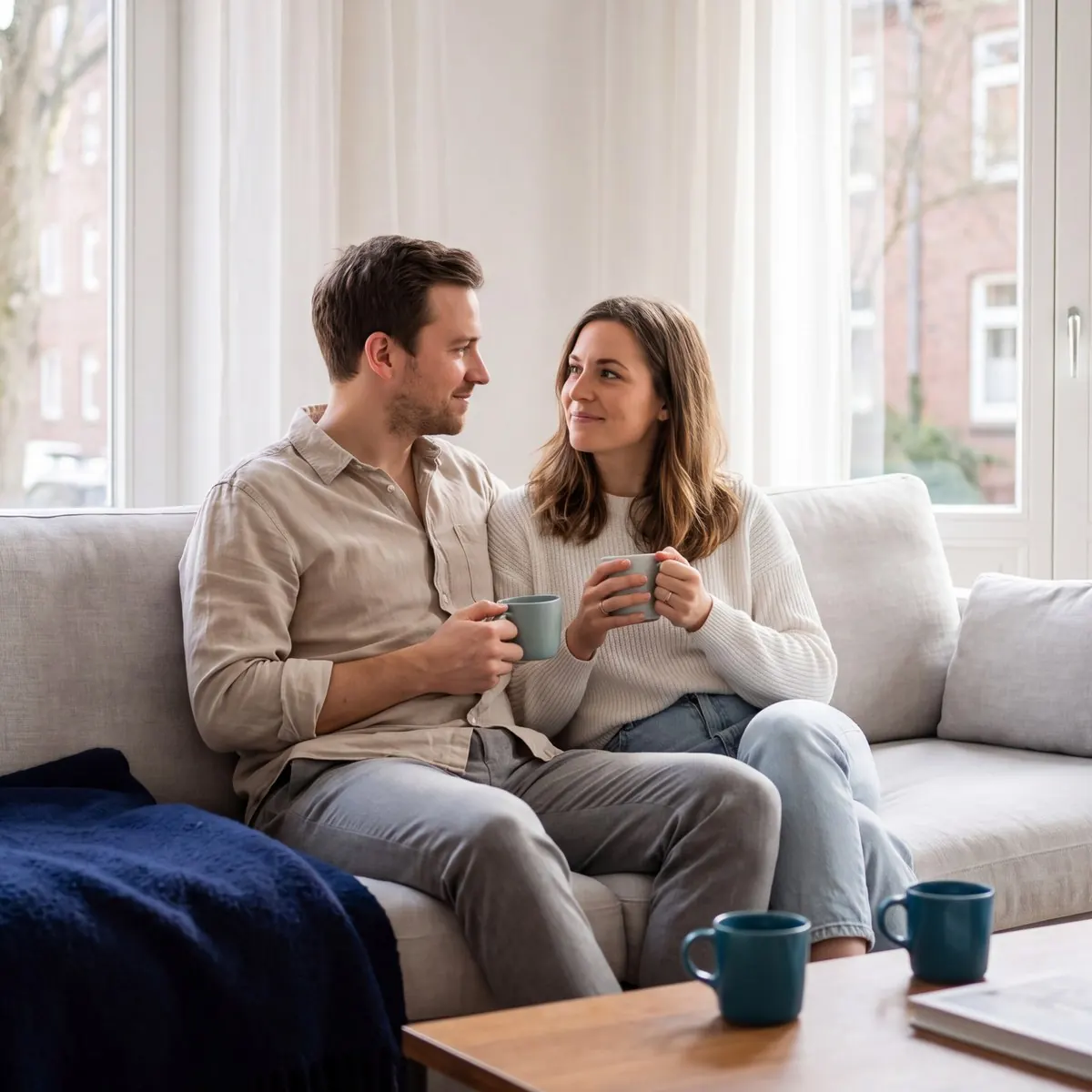 Paar sitzt zugewandt mit Tassen auf dem Sofa