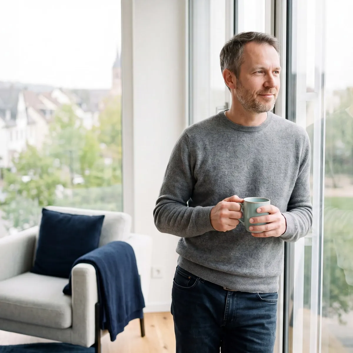Mann steht mit Tasse am Fenster und schaut nachdenklich hinaus