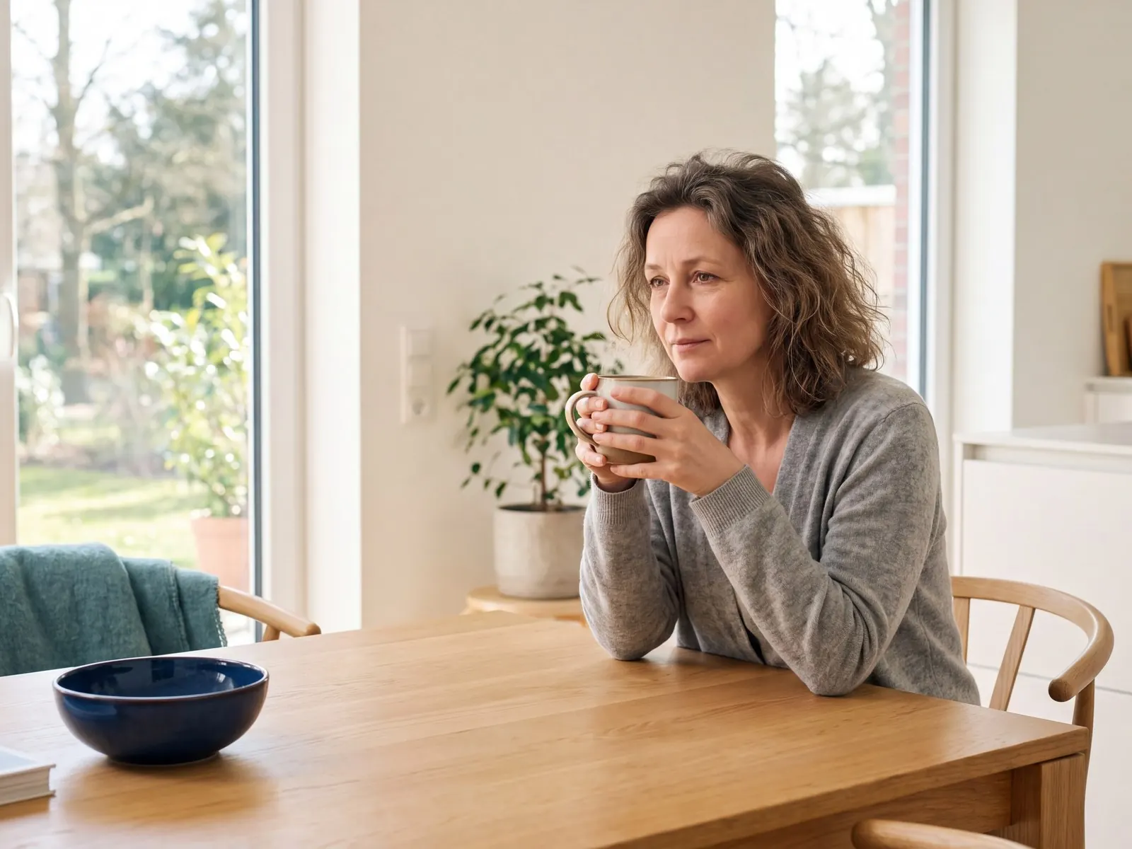 Frau sitzt morgens mit Kaffee am Küchentisch und schaut müde zur Seite