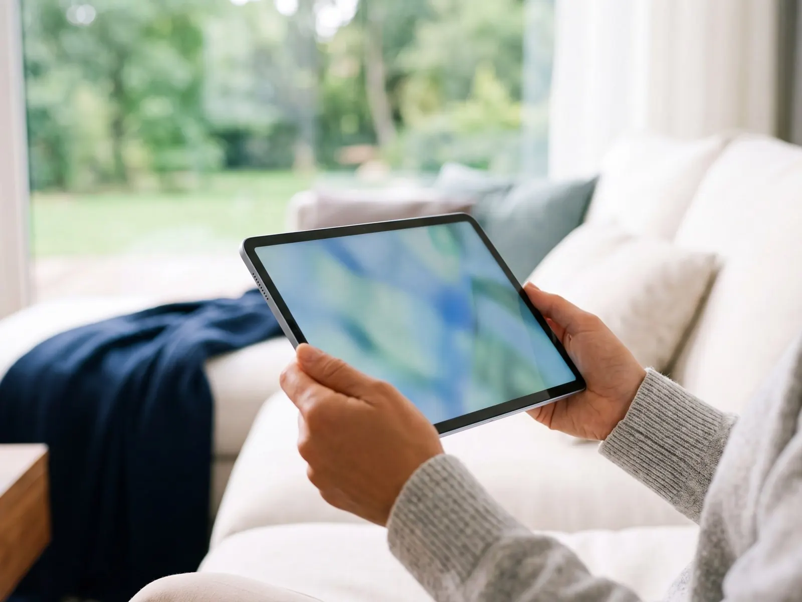 Hände halten ein Tablet mit einer Befundansicht, im Hintergrund ein Sofa