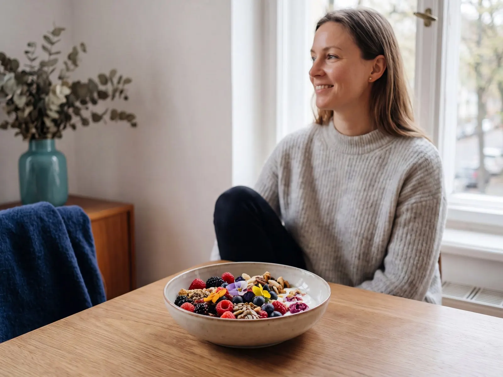 Frau sitzt lächelnd am Tisch vor einer bunten Bowl