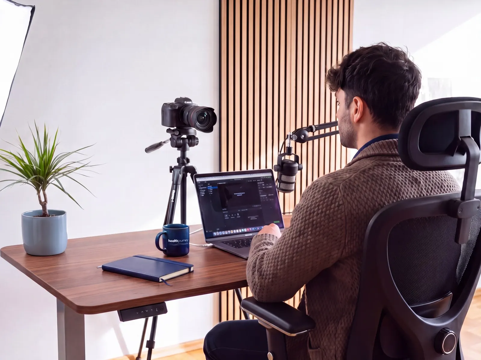 Fabio Arcucci am Laptop vor Kamera, Licht und Mikrofon für die Masterclass