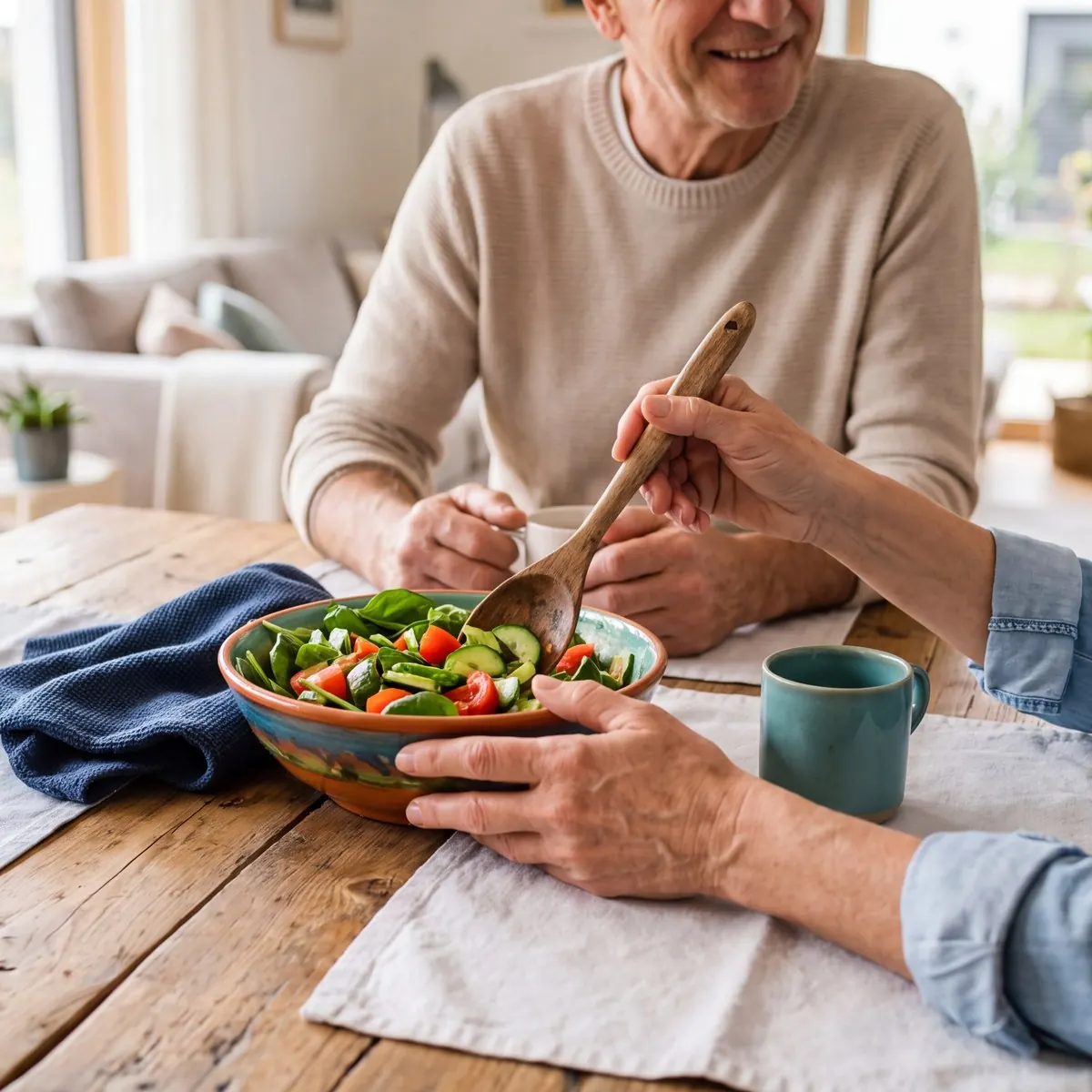 Zwei Personen am Holztisch, eine nimmt sich Salat aus einer großen Schüssel