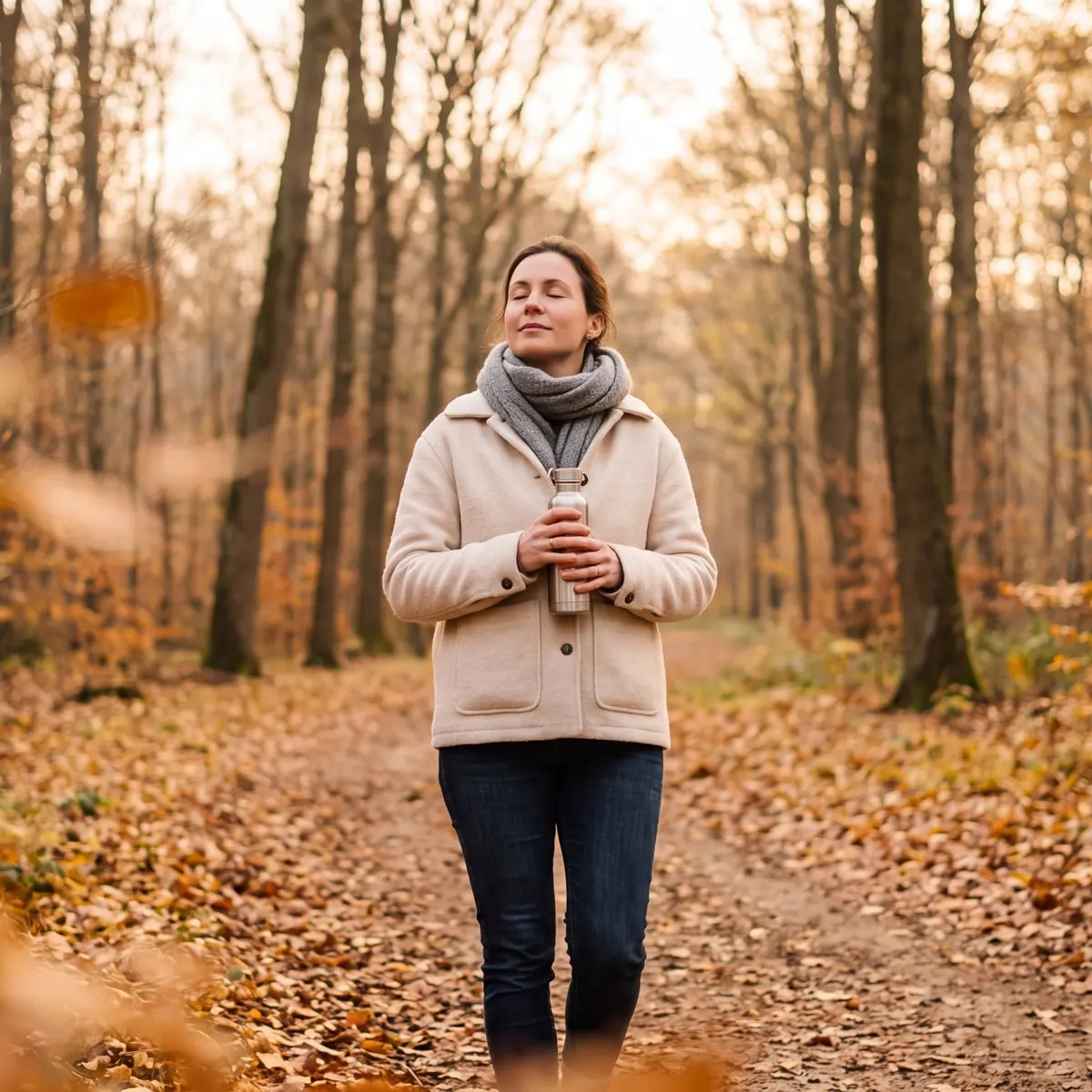 Frau mit Schal und Becher bei einem Herbstspaziergang im Wald