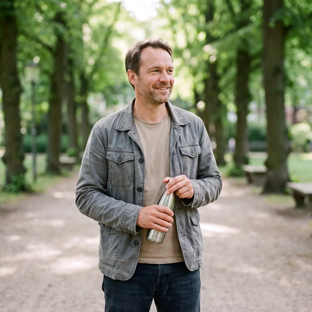 Mann Mitte vierzig spaziert durch eine Allee im Park