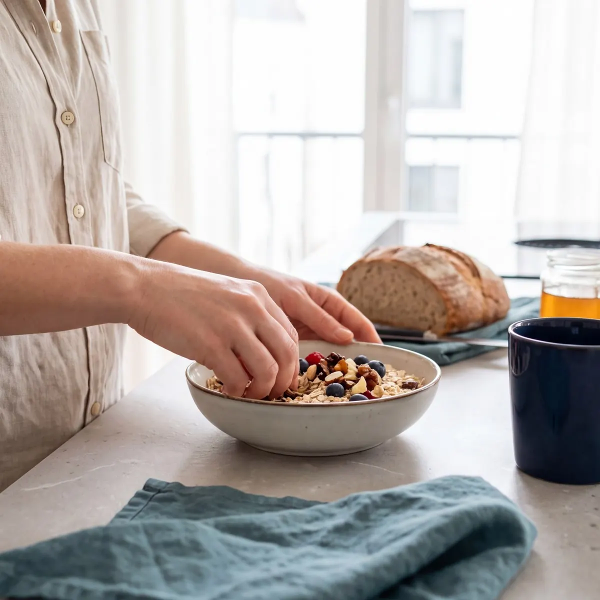 Hand greift in eine Schüssel mit Müsli und Beeren, daneben Brot und ein Becher