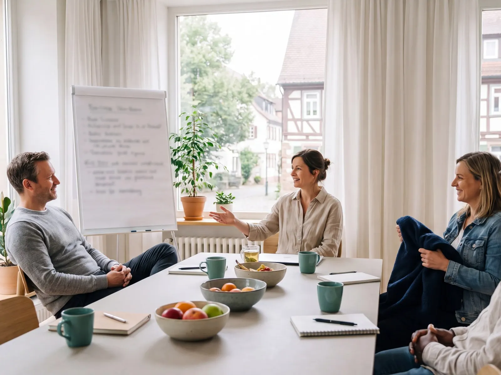 Kleines Team sitzt in einem hellen Raum um einen Tisch, vorne ein Flipchart